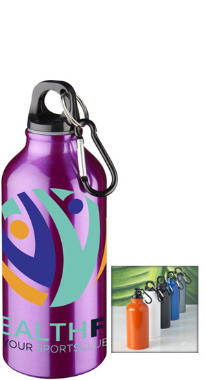One large purple water bottle with smaller image of multi-colored water bottles