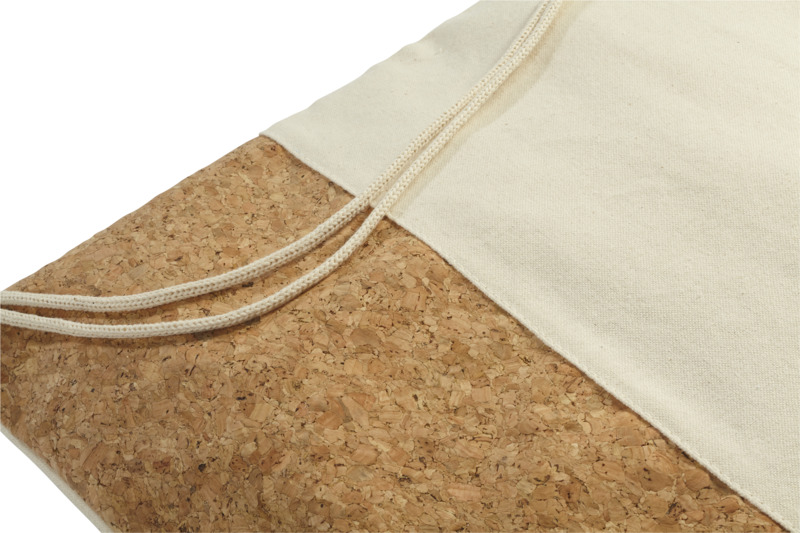 close up view of cotton and cork drawstring bag
