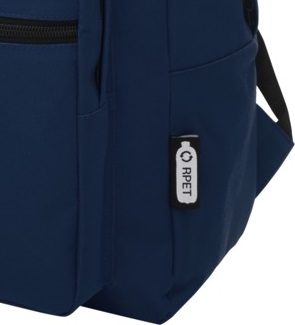 blue backpack with focus on RPET tag on it