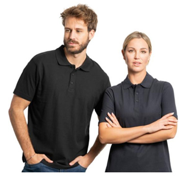 Two people standing next to each other with black polo t-shirts on.