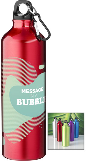 One large red water bottle with smaller image of multi-colored water bottles