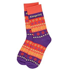 Orange and purple pair of socks.