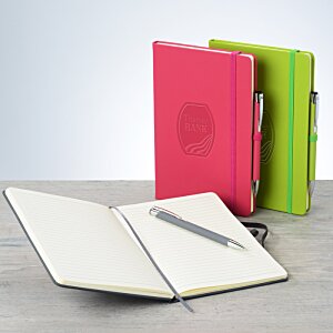 Pink and green soft touch notebooks with pen