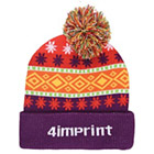 Orange and purple puffball hat. 