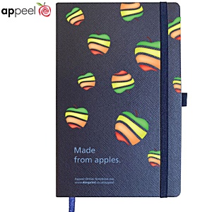 Black notebook with rainbow colored apples. 