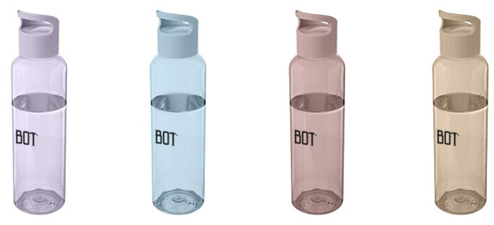 Series of four colourful water bottles in a row.