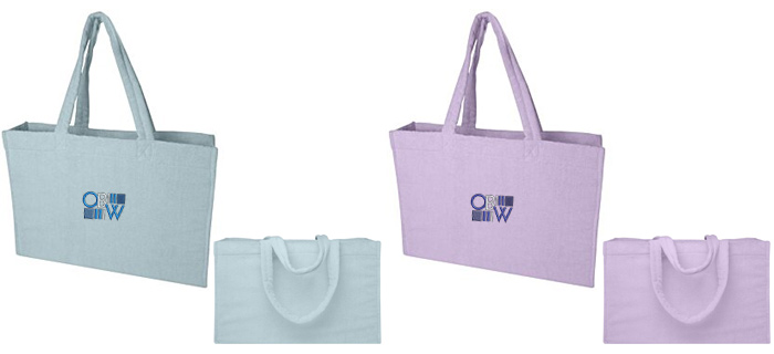 Series of colourful totes. Showing the front and backside of the totes. 