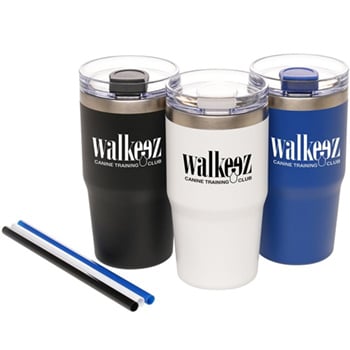 Grey, black and blue short tumblers with straws.