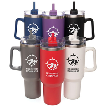 Group of six multi-colored tumblers with handles.