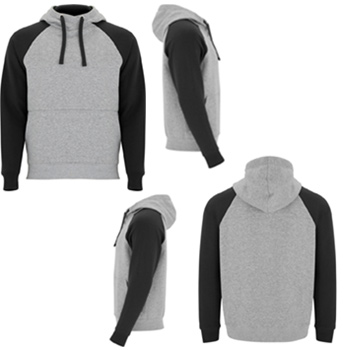 Collage of grey hoodies with black sleeves from the front, back and sides.