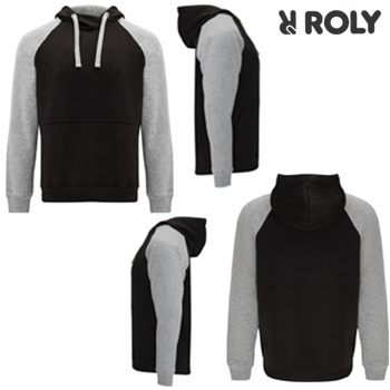 Collage of black hoodies with grey sleeves from the front, back and sides.