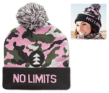 Pink and green camouflage puffball hat.