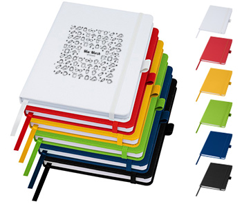Stack of multi-colored notebooks.