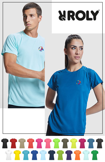 Collage of a man and woman posing in branded t-shirts. 