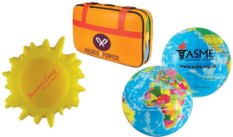 Stress Beach Ball, a Stress Suitcase and 2 Stress Globes