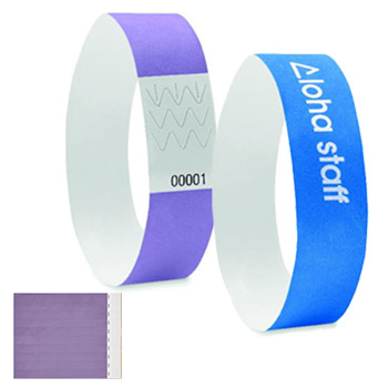 Purple and blue paper wristbands.
